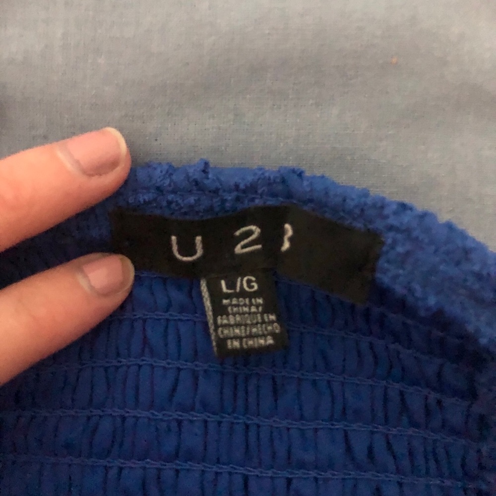 Strapless blue lace top with pads installed